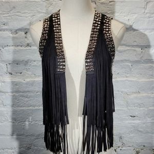 Bebe Studded Fringe Open Cropped Vest